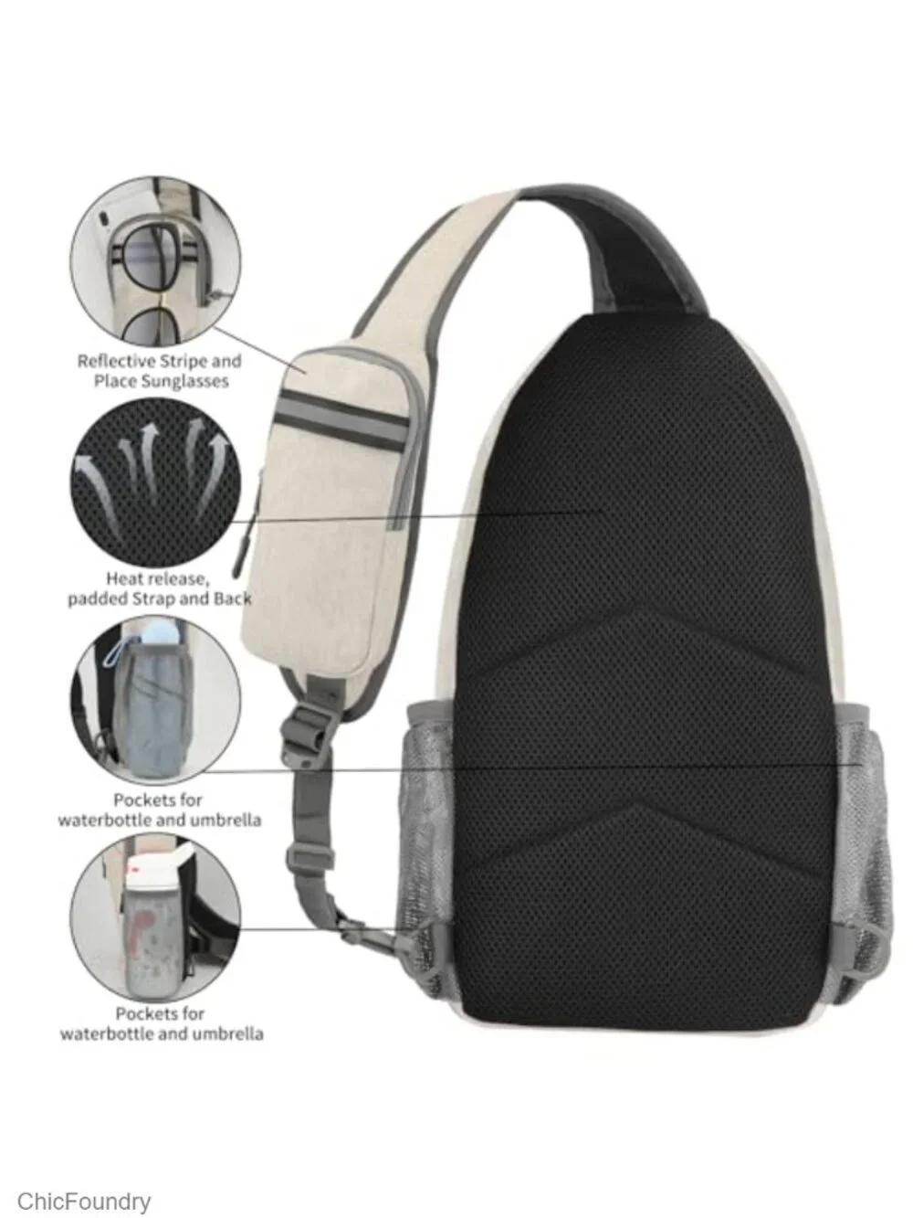 Lightweight Reversible Crossbody Sling Chest Daypack with Water Bottle Holders